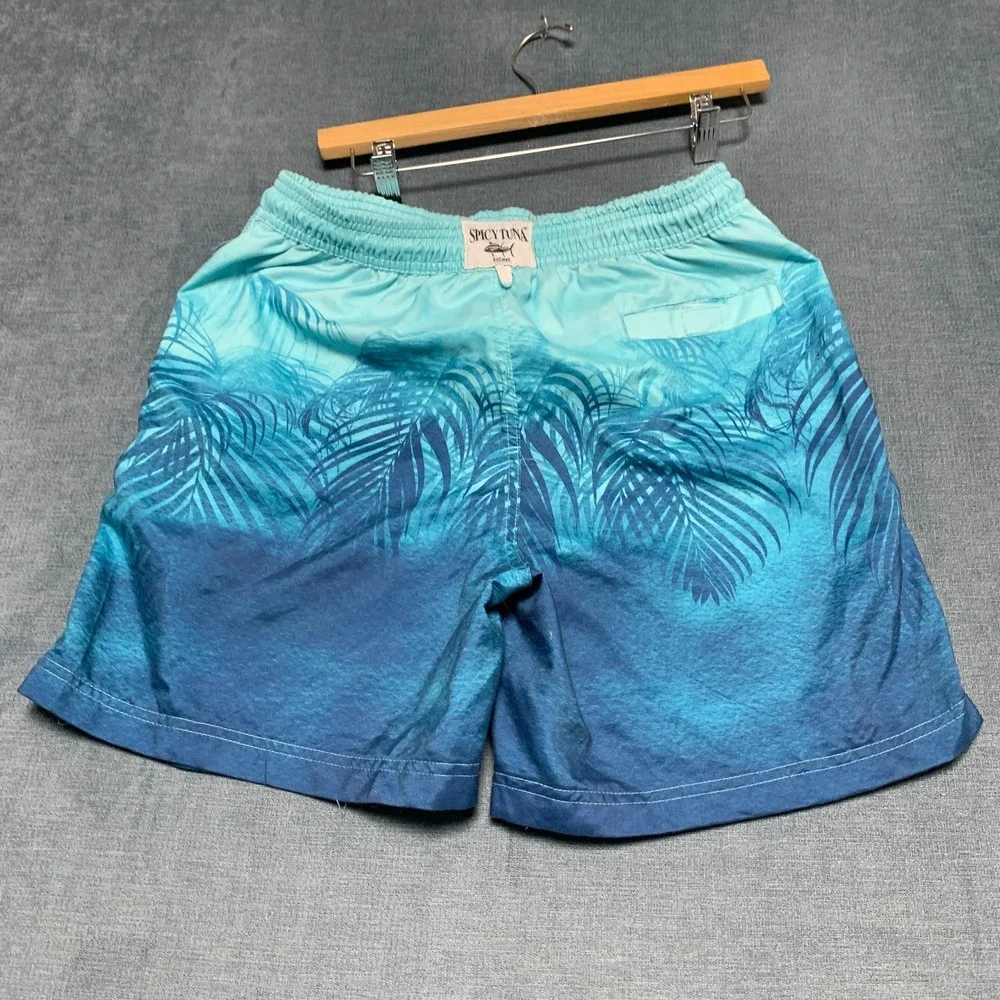 Spicy Tuna Gradient Swim Shorts Mens Medium Blue Tropical Palm Leaf Beach Wear